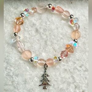New Christmas Blush Pink Beaded Adult Size Bracelet w/ Silver Tone Tree Charm 8”